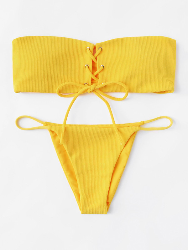 Lace Up Bandeau Bikini Set Polyester Bandeau Plain Yellow 140