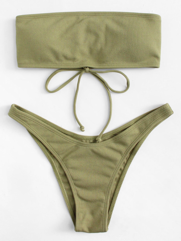 Lace Up High Leg Bikini Set Polyester Bandeau Plain Green 140