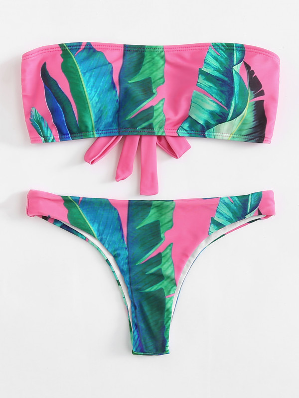 Tropical Print Bandeau Bikini Set Polyester Bandeau Plain Multicolor 140