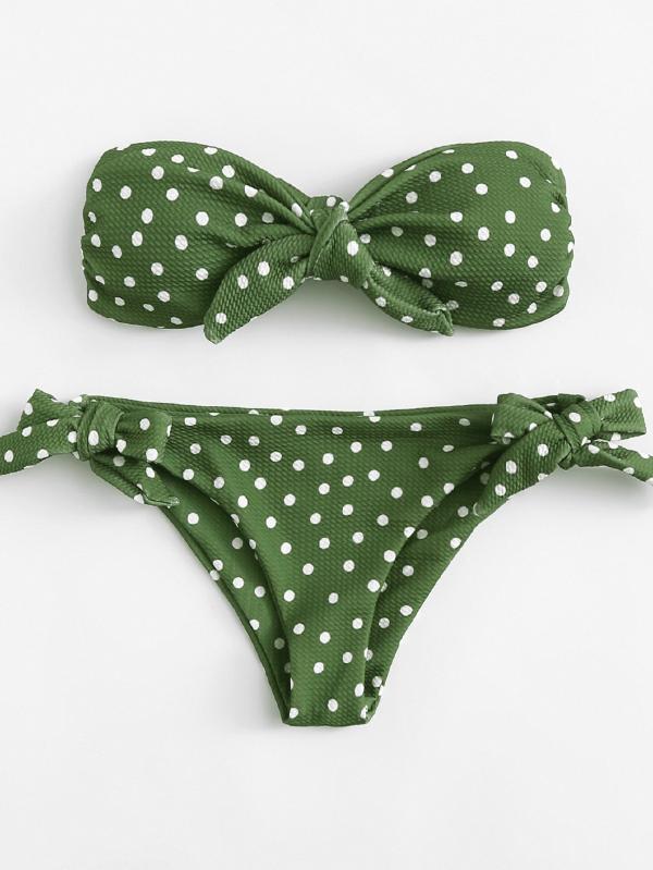 Polka Dot Knot Bikini Set Polyester Bandeau Polka Dot Green 140