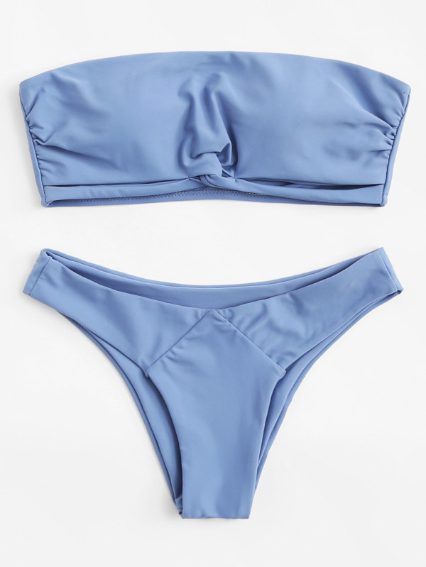 Bandeau Bikini Set Polyester Bandeau Plain Blue 140