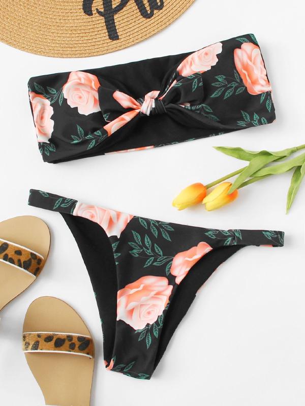 Floral knot Bandeau Bikini Set Polyester Bandeau Floral Multicolor 140