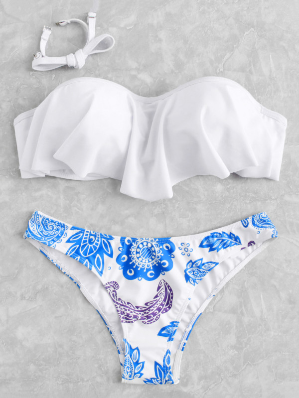 Flower Print Bandeau Bikini Set Polyester Push Up Plain Multicolor 140