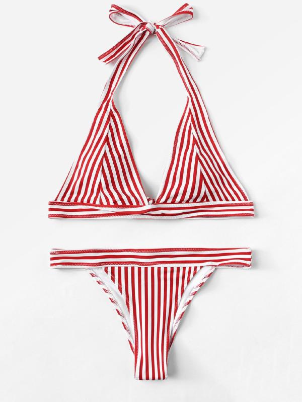 Striped Halter Bikini Set Polyester Halter Top Striped Red 140