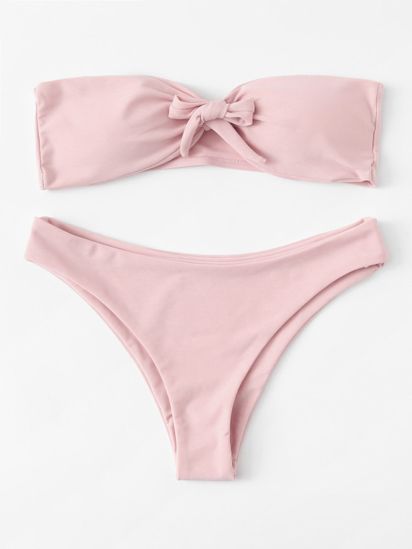 Knot Front Ruched Detail Bandeau Bikini Set Polyester Bandeau Plain Pink 140