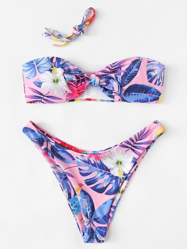 Tropical Print Bandeau Bikini Set Polyester Bandeau Floral Multicolor 140