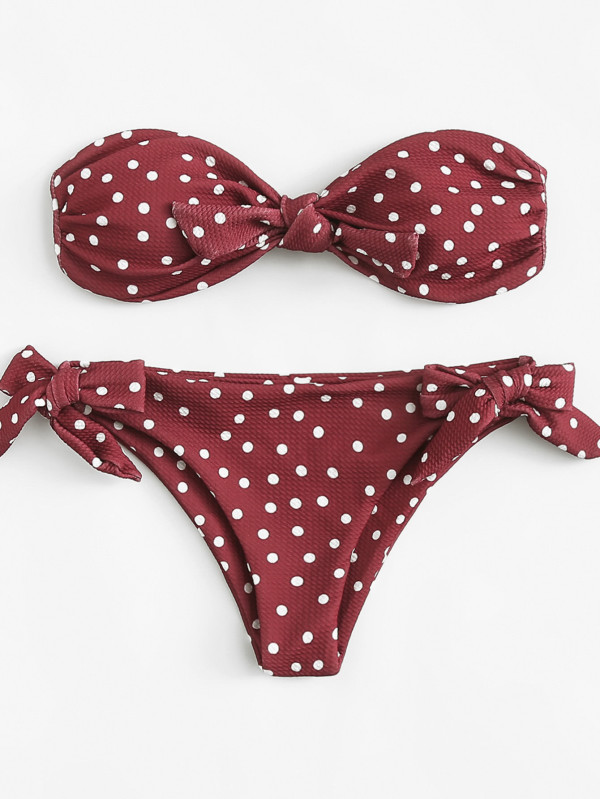 Polka Dot Knot Bikini Set Polyester Bandeau Polka Dot Red 140