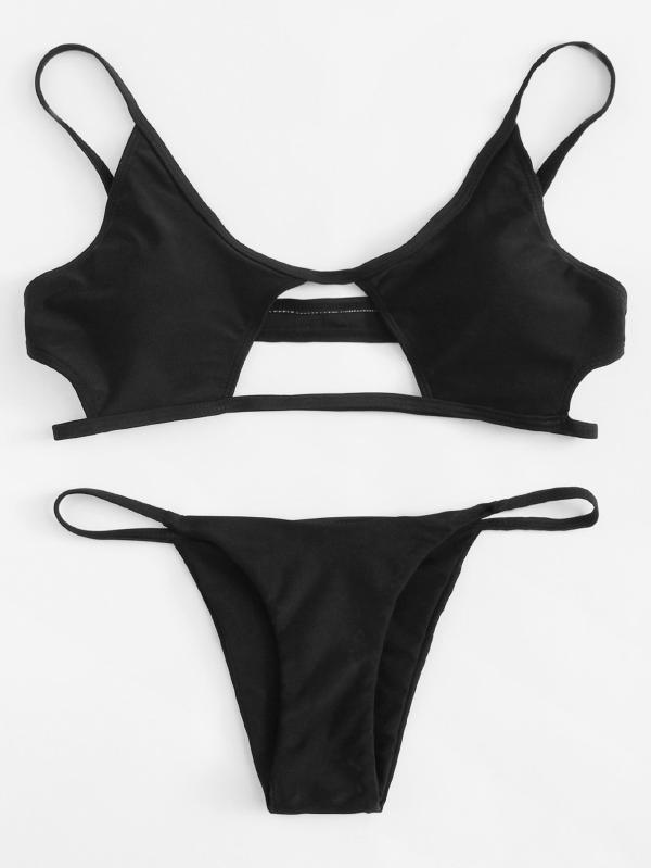 Plain Black Bikini Set Polyester Triangle Plain Black 140