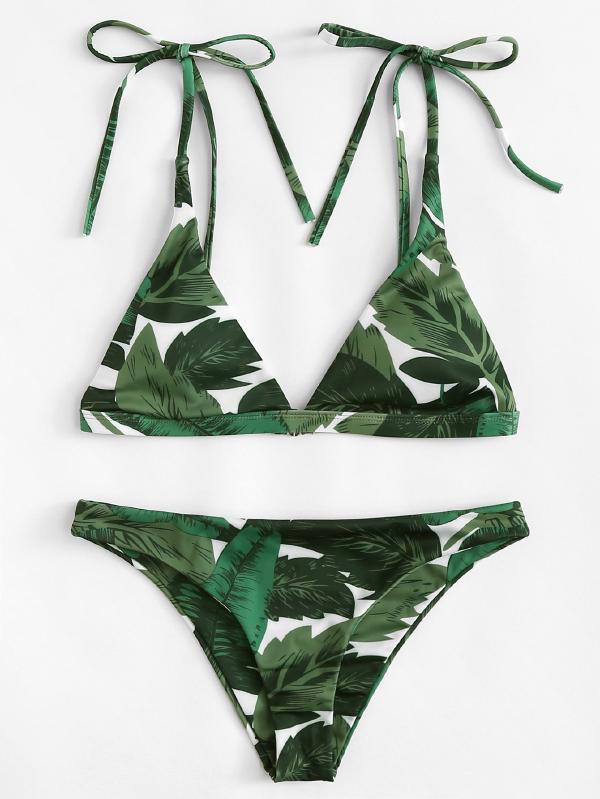 Tropical Print Push up Bikini Set Polyester Triangle Tropical Multicolor 140