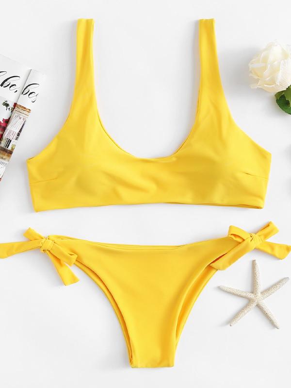 Knot Front Bikini Set Polyester Push Up Plain Yellow 140