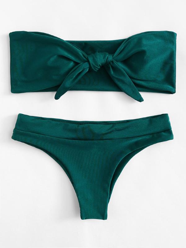 Knot Front Bandeau Bikini Set Polyester Bandeau Plain Dark Green 140