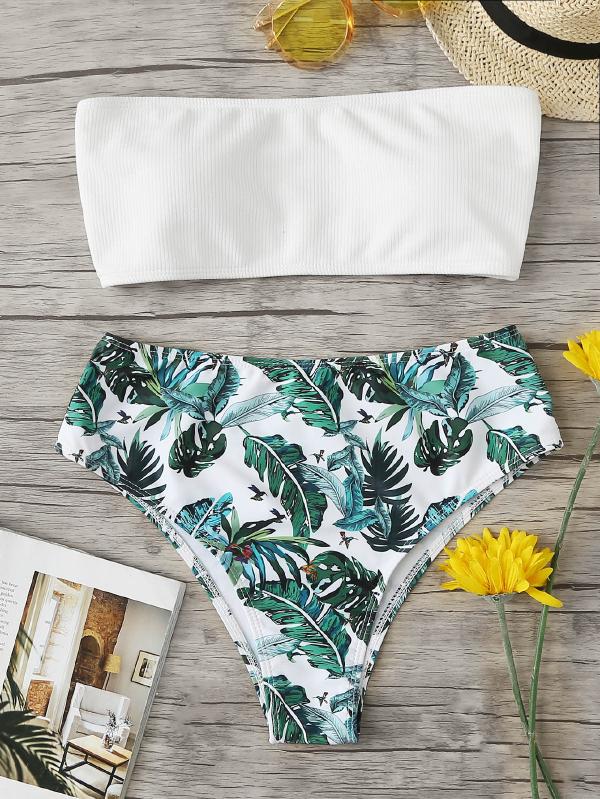 Tropical Print Bandeau Bikini Set Polyester Bandeau Tropical Multicolor 140
