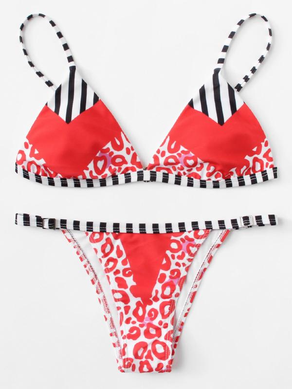 Striped Leopard Bikini Set Polyester Triangle Striped Red 140