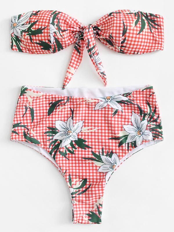 Plaid & Flower Print Knot Front Bikini Set Polyester Bandeau Floral Red 140