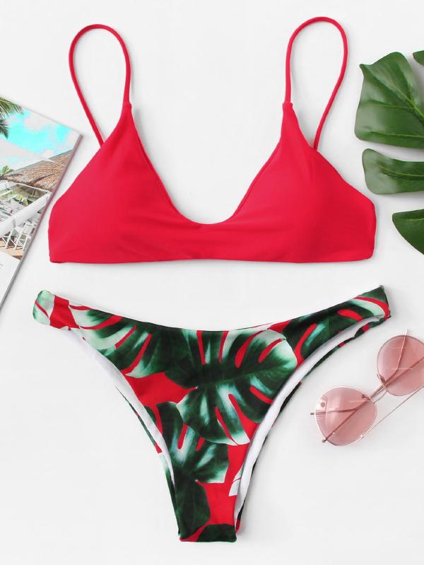 Plain Red Bikini Set Polyester Push Up Tropical Multicolor 140