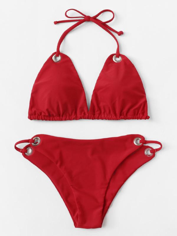Plain Red Halter Top Bikini Set Polyester Halter Top Plain Red 140