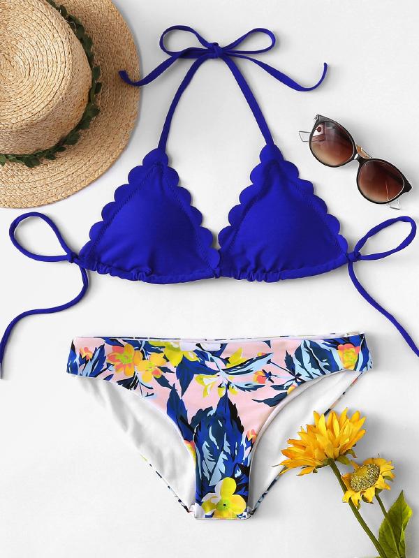 Floral Halter Top Bikini Set Spandex Halter Top Floral Royal Blue 140