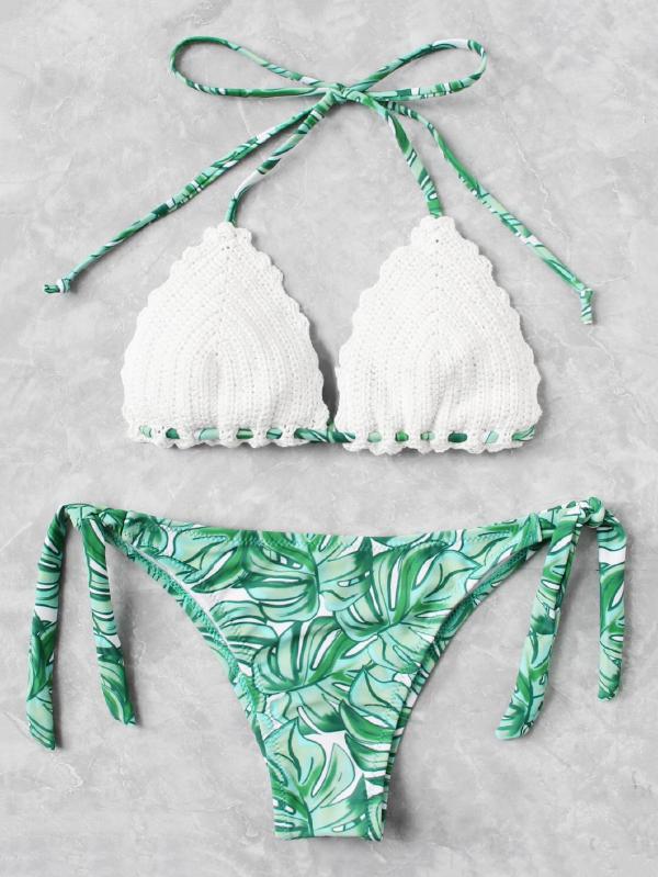 Green Leaf  Halter Top Bikini Set Polyester Halter Top Tropical Multicolor 140