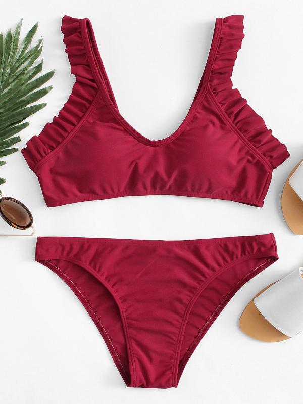 Plain Red Push Up Bikini Set Spandex Push Up Plain Burgundy 140