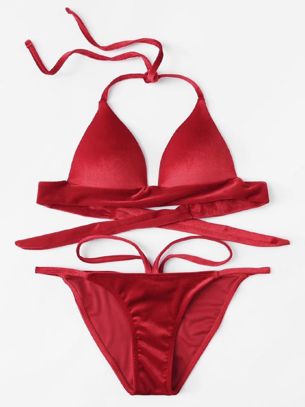 Plain Halter Top Bikini Set Velvet Triangle Plain Red 140